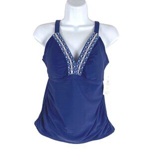 Cabana Life Tankini Swim Top‎ Womens Small Blue Embroidered Neck NWT SW-1845